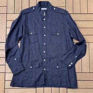 Πετράτος (Petratos) navy blue linen safari shirt button-epaulets patch pockets